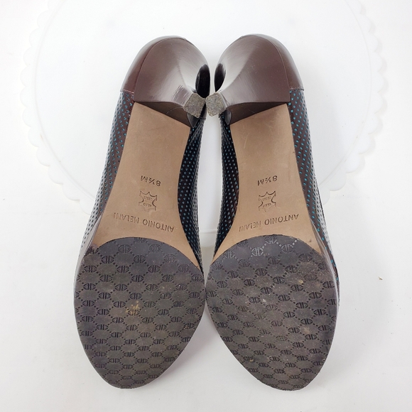 Antonio Melani Leather Heels Metallic Brown w/ Teal Polka Dots Sz 8.5 EUC - Picture 7 of 9
